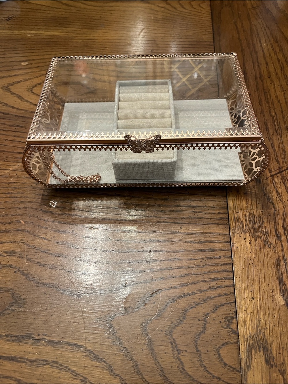 Rachel Ashwell Glass Jewelry Display Box with Rose Gold Trim and Gray Lining